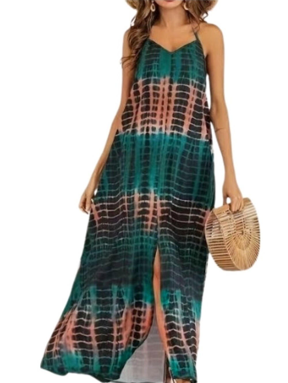 Shein Dress Bohemian Halter Split Thigh Slit Maxi Green Size S